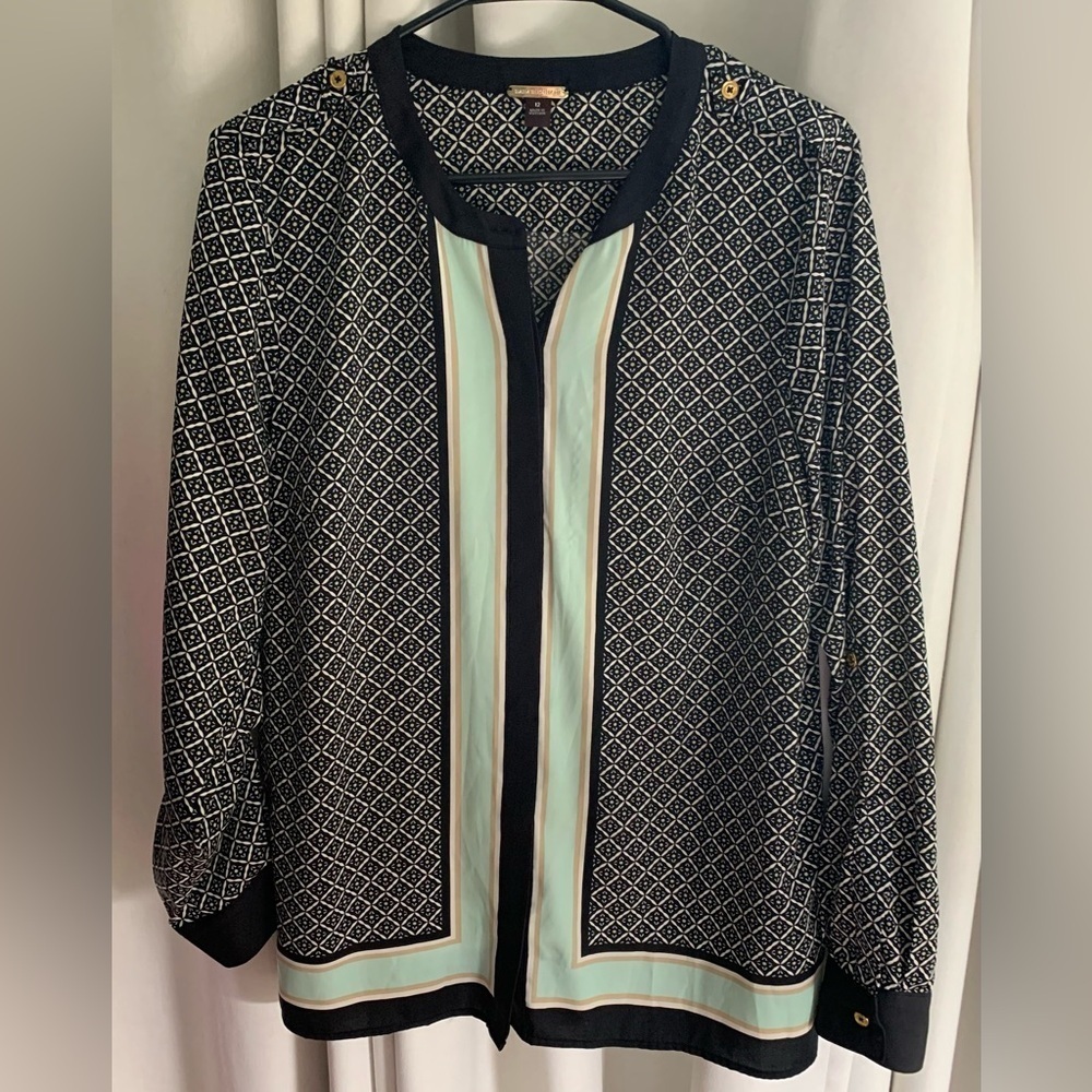 Dana Buchman Black w/Mint & Peach PatternedTunic Button Down Blouse; Size 12 - Picture 1 of 9